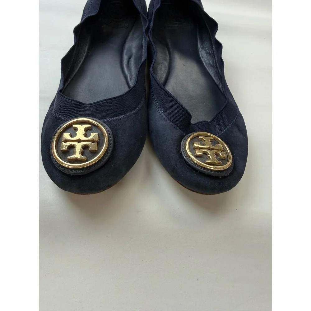 Tory Burch Caroline Navy Suede Leather Flats Sz 9 Gold Logo